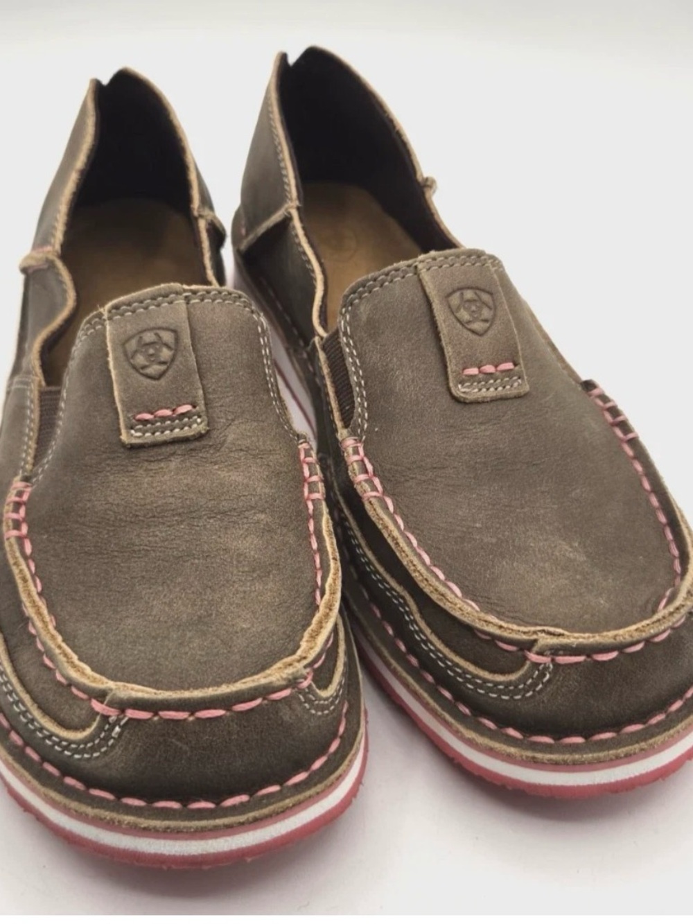Ariat Brown Leather Slip-On Loafers with Pink Stitching